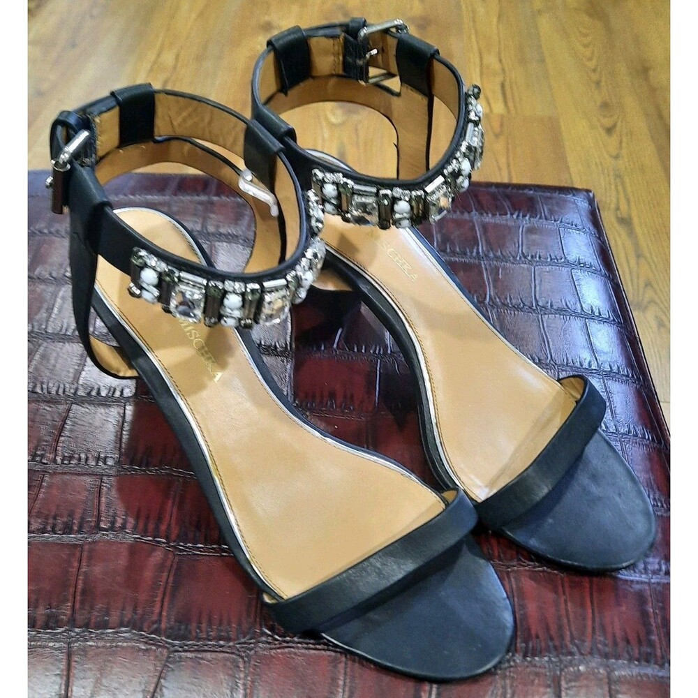 Badgley Mischka Black Leather Jeweled Crystal Ankle Strap Block Heel Sandals 7.5
